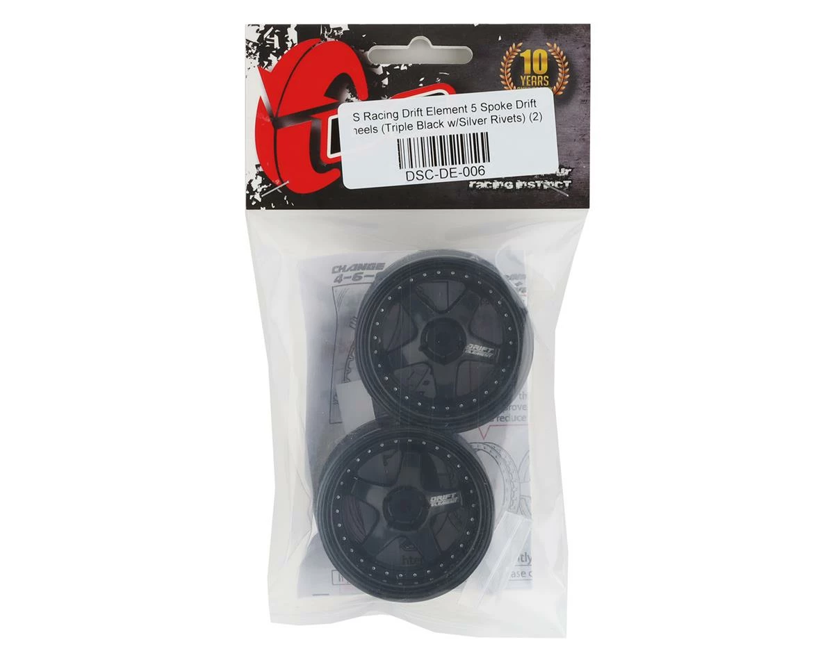 DS Racing Rift Element 5 Spoke Drift Wheels (Triple Black W/Silver Rivets) (2) (Adjustable Offset) W/12mm Hex - Image 4