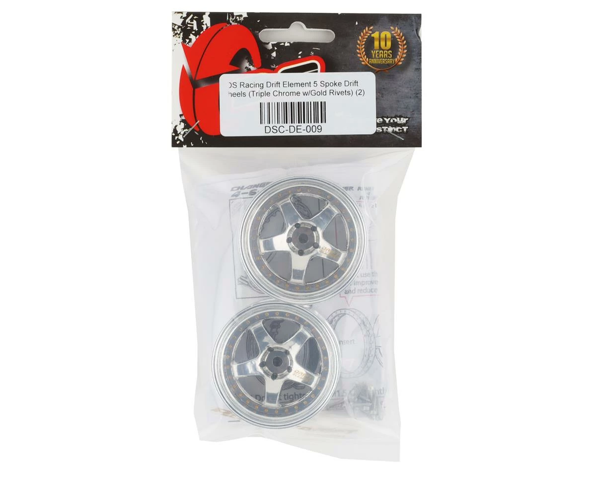 DS Racing Rift Element 5 Spoke Drift Wheels (Triple Chrome W/Gold Rivets) (2) (Adjustable Offset) W/12mm Hex - Image 4