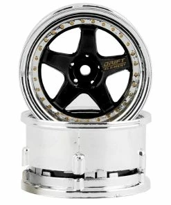 DS Racing Rift Element 5 Spoke Drift Wheels (Black & Chrome W/Gold Rivets) (2) (Adjustable Offset) W/12mm Hex