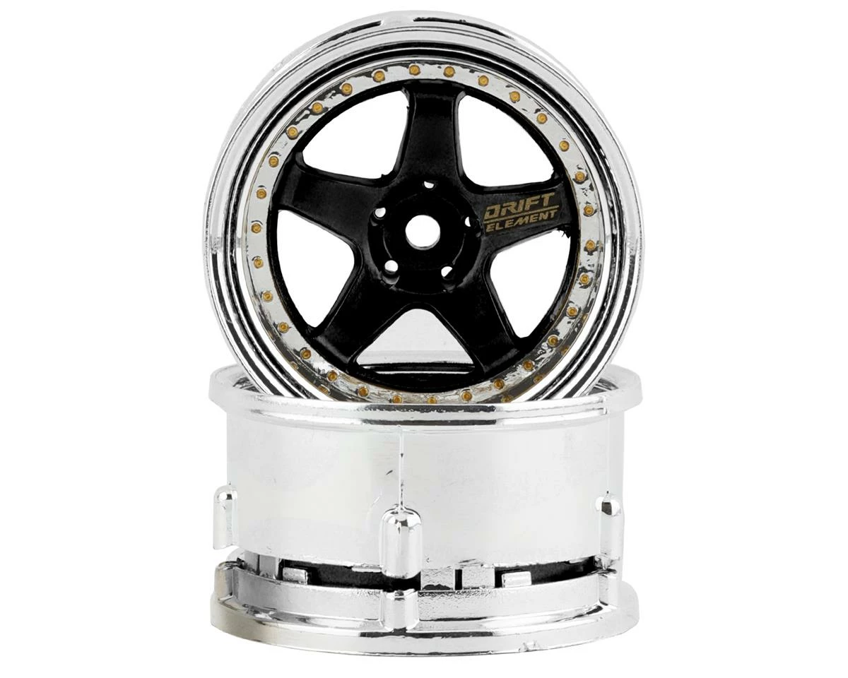 DS Racing Rift Element 5 Spoke Drift Wheels (Black & Chrome W/Gold Rivets) (2) (Adjustable Offset) W/12mm Hex