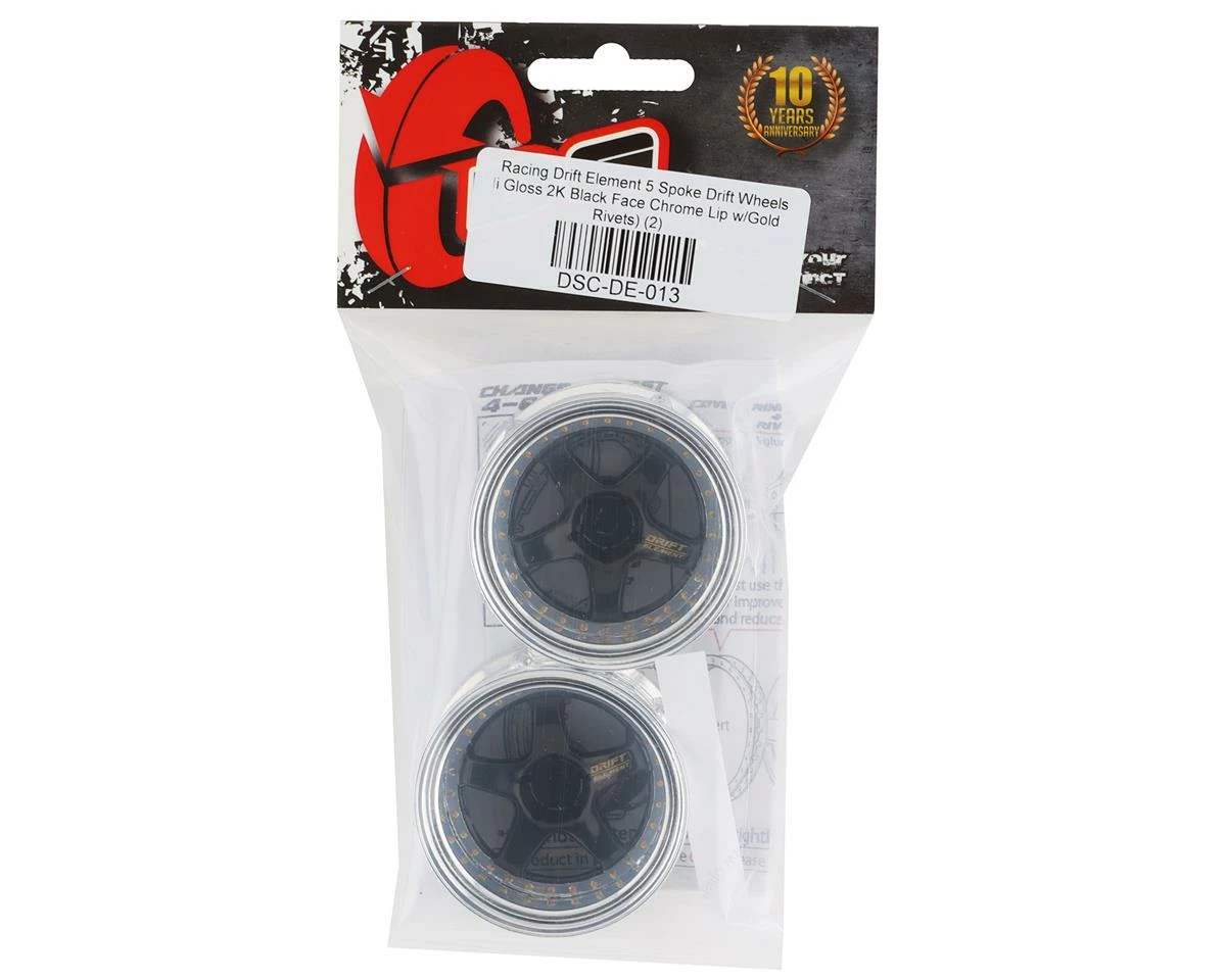 DS Racing Rift Element 5 Spoke Drift Wheels (Black & Chrome W/Gold Rivets) (2) (Adjustable Offset) W/12mm Hex - Image 4