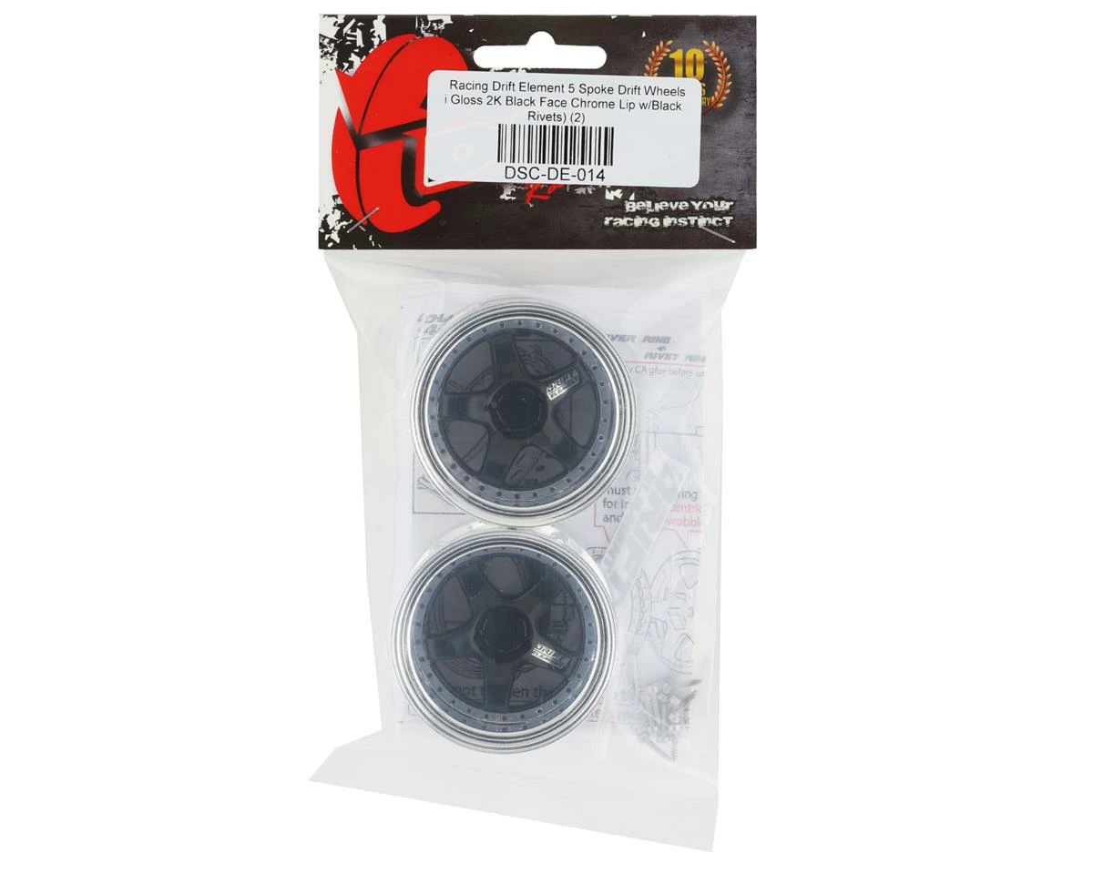 DS Racing Rift Element 5 Spoke Drift Wheels (Black & Chrome W/Black Rivets) (2) (Adjustable Offset) W/12mm Hex - Image 4