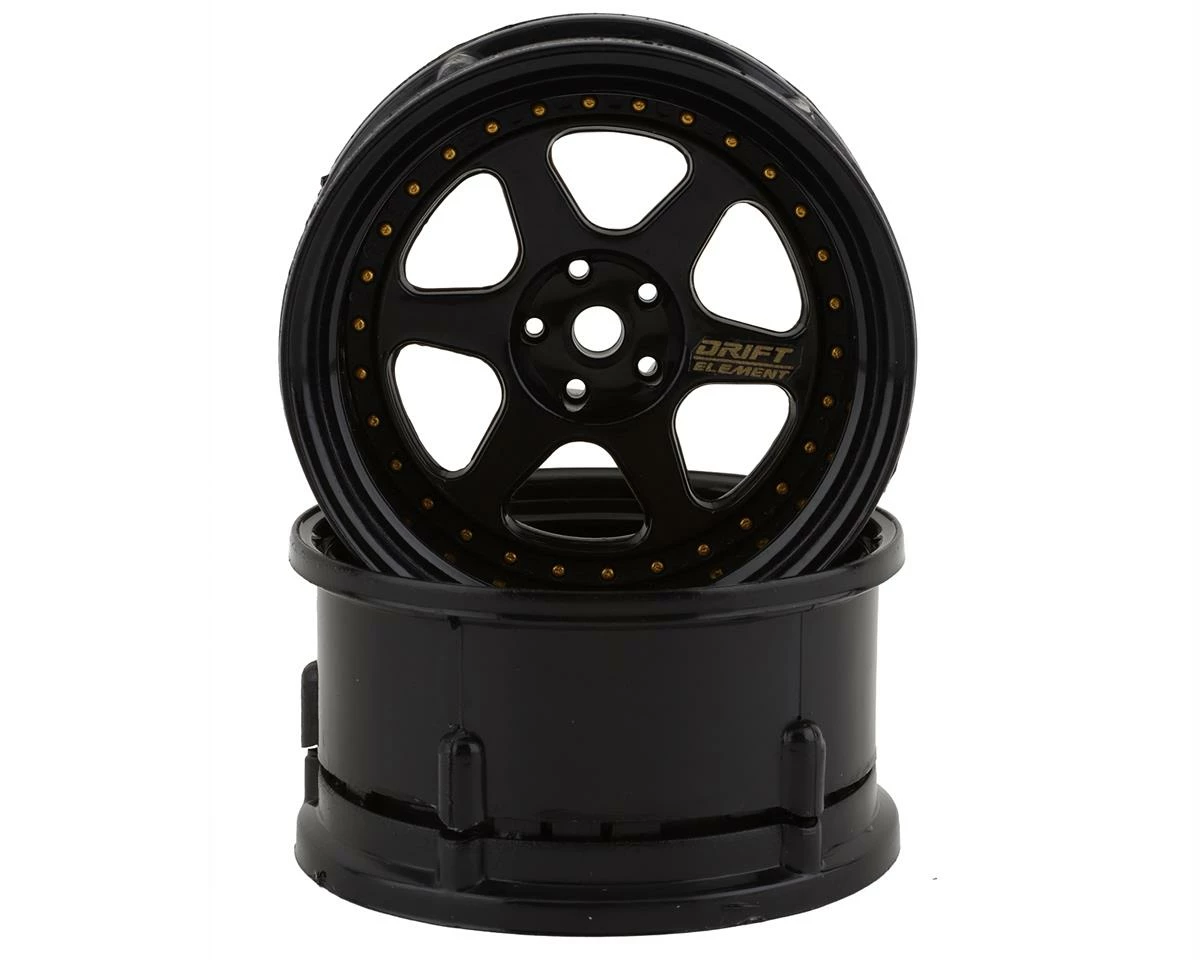 DS Racing Rift Element 6 Spoke Drift Wheels (Triple Black W/Gold Rivets) (2) (Adjustable Offset) W/12mm Hex