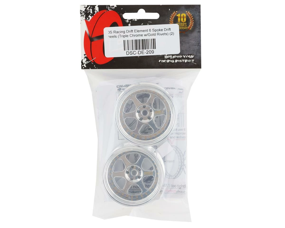 DS Racing Rift Element 6 Spoke Drift Wheels (Triple Chrome W/Gold Rivets) (2) (Adjustable Offset) W/12mm Hex - Image 4