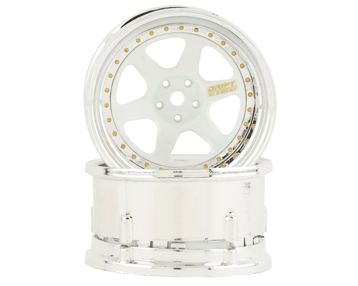 DS Racing Rift Element 6 Spoke Drift Wheels (White & Chrome W/Gold Rivets) (2) (Adjustable Offset) W/12mm Hex