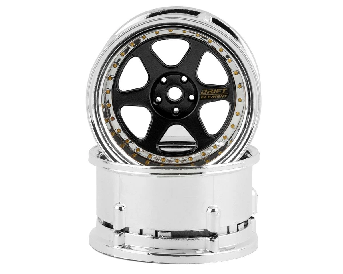DS Racing Rift Element 6 Spoke Drift Wheels (Black & Chrome W/Gold Rivets) (2) (Adjustable Offset) W/12mm Hex