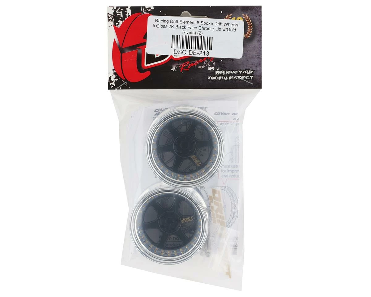DS Racing Rift Element 6 Spoke Drift Wheels (Black & Chrome W/Gold Rivets) (2) (Adjustable Offset) W/12mm Hex - Image 4
