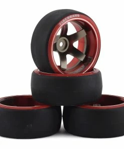 Firebrand RC Aluminum Highfive D2M12 Pre-Mounted Slick Drift Tires (4) (Red/Gun Metal) W/D2 Tires, 12mm Hex & 12mm Offset