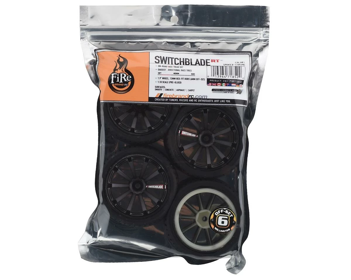 Firebrand RC Switchblade RT6 Pre-Mounted On-Road Tires (4) (Smoke Chrome) W/Daggers Tires, 12mm Hex & 6mm Offset - Image 3