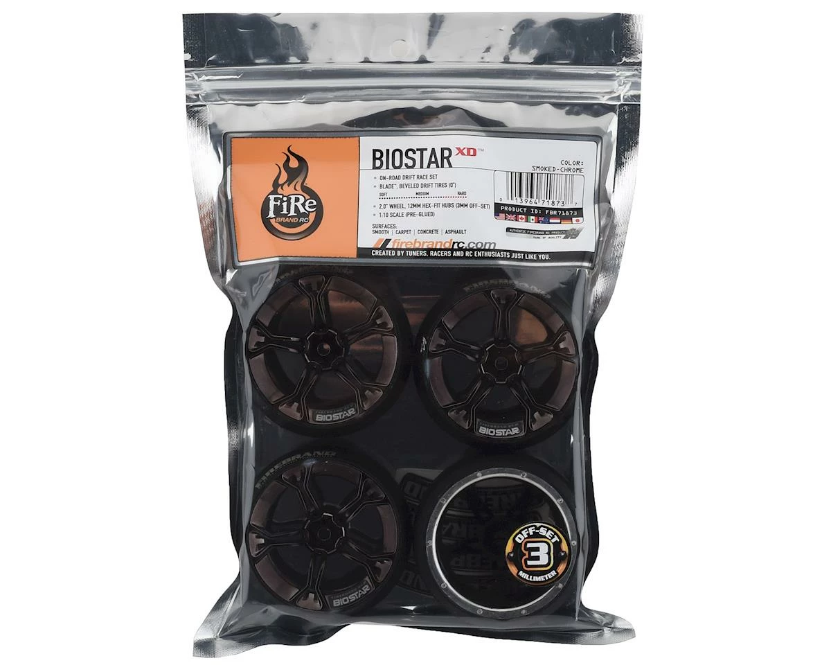 Firebrand RC Biostar XD3 0° Pre-Mounted Drift Tires (4) (Smoke Chrome) W/Blades Tires, 12mm Hex & 3mm Offset - Image 3