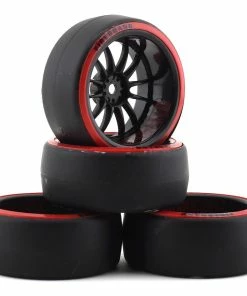 Firebrand RC Har D29R Pre-Mounted 2-Piece Slick Drift Tires (4) (Black/Red) W/D2 Tires, 12mm Hex & 9mm Offset