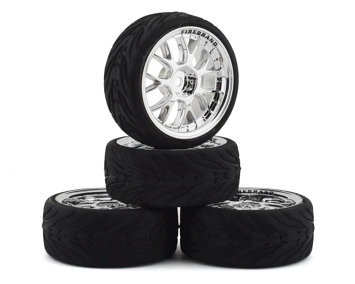 Firebrand RC Incinerate RT Pre-Mounted On-Road Tires (4) (Chrome) W/FireFang Tires, 12mm Hex & 3mm Offset
