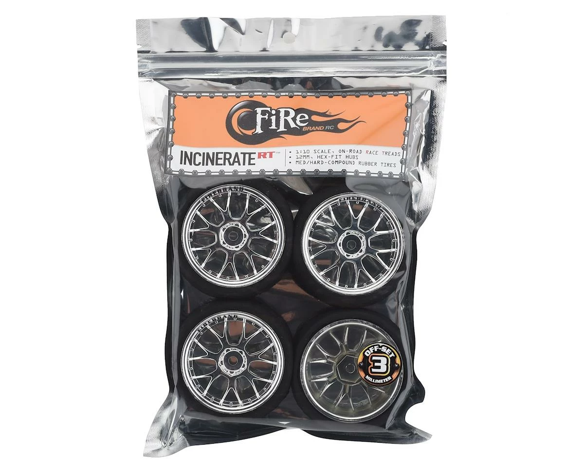 Firebrand RC Incinerate RT Pre-Mounted On-Road Tires (4) (Chrome) W/FireFang Tires, 12mm Hex & 3mm Offset - Image 3