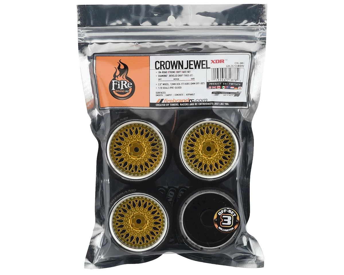 Firebrand RC Ownjewel XDR3 5° Pre-Mounted Slick Drift Tires (4) (Gold) W/Diamonds Tires, 12mm Hex & 3mm Offset - Image 3