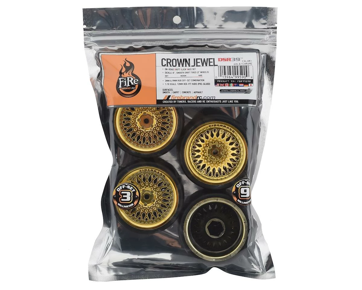 Firebrand RC Ownjewel DSR39 Pre-Mounted Slick Drift Tires (4) (Gold) W/Sickle-R Tires, 12mm Hex & 3mm/9mm Offset - Image 3