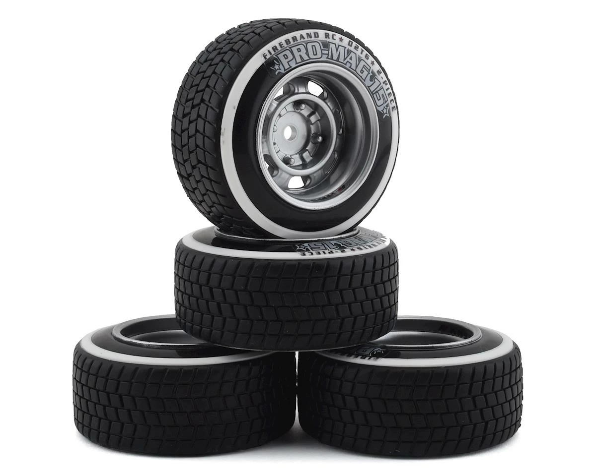Firebrand RC Promag 15-D2T Pre-Mounted Drift Tires (4) (Silver) W/D2T Tires, 12mm Hex & 6mm Offset