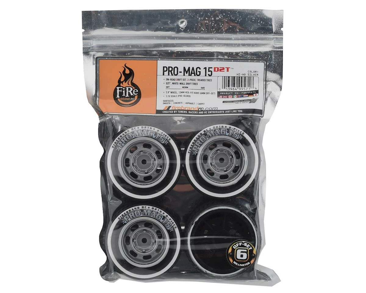 Firebrand RC Promag 15-D2T Pre-Mounted Drift Tires (4) (Silver) W/D2T Tires, 12mm Hex & 6mm Offset - Image 3