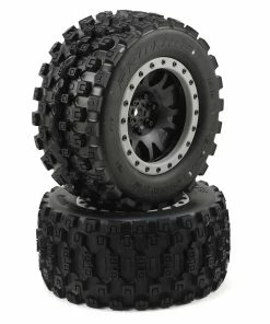 PRO-LINE X-Maxx Badlands MX43 Pro-Loc Pre-Mounted All Terrain Tires (MX43) W/Impulse Pro-Loc Wheels (Black) (2)