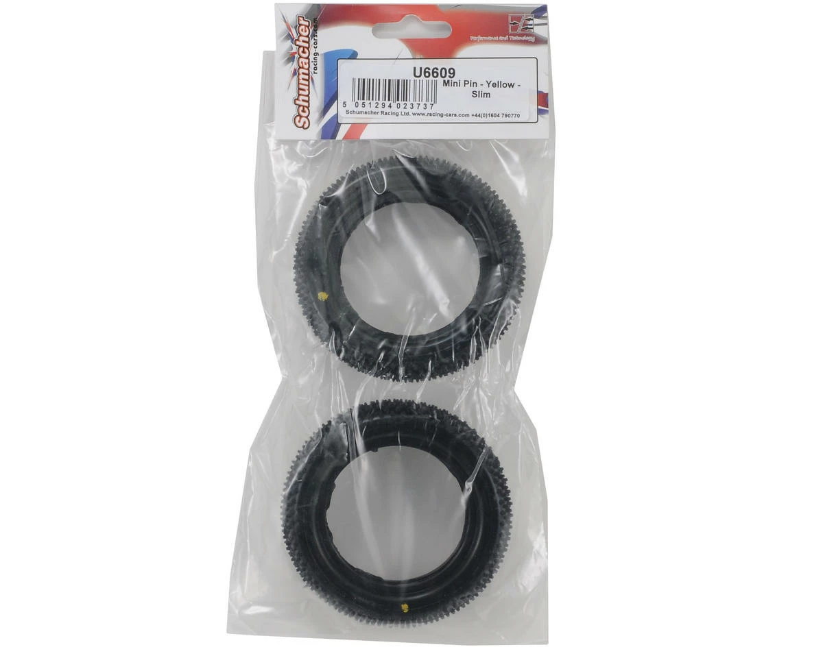 Schumacher "Mini Pin" Slim 2.2" 1/10 2WD Buggy Front Carpet Tires (2) (Yellow) - Image 2
