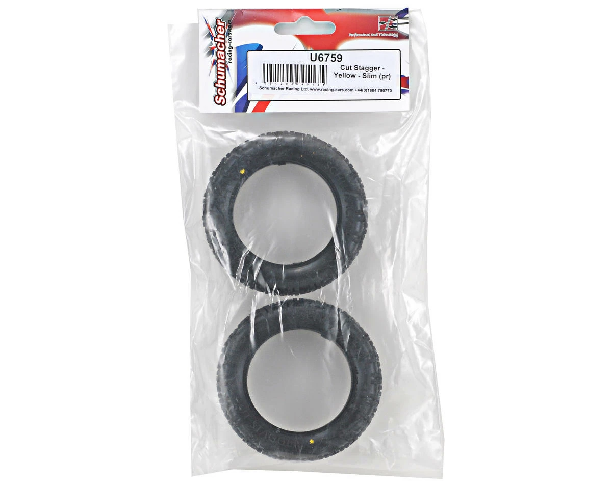 Schumacher "Cut Stagger" Slim 2.2" 1/10 2WD Buggy Front Carpet Tires (2) (Yellow) - Image 2