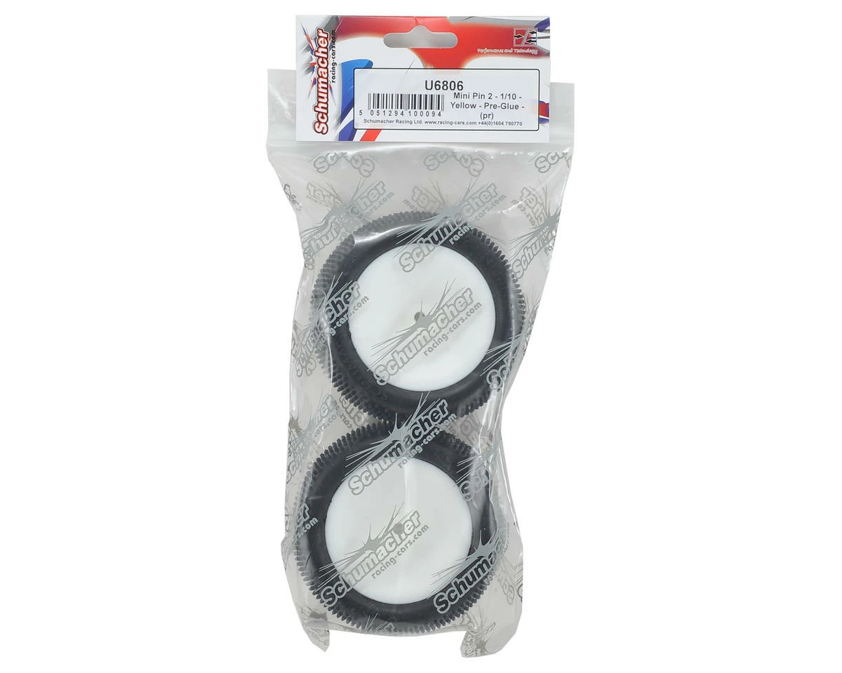 Schumacher "Mini Pin 2" 2.2" Rear Buggy Pre-Mounted Carpet Tires (Yellow) (White) (2) W/12mm Hex - Image 3