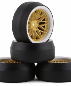 YEAH RACING Spec D Pre-Mounted Drift Tires W/LS Mesh Wheels (White/Gold) (4) W/12mm Hex & 6mm Offset
