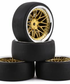 YEAH RACING Spec D Pre-Mounted Drift Tires W/LS Mesh Wheels (Chrome/Gold) (4) W/12mm Hex & 6mm Offset