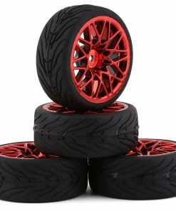 YEAH RACING Spec T Pre-Mounted On-Road Touring Tires W/LS Wheels (Red) (4) W/12mm Hex & 3mm Offset