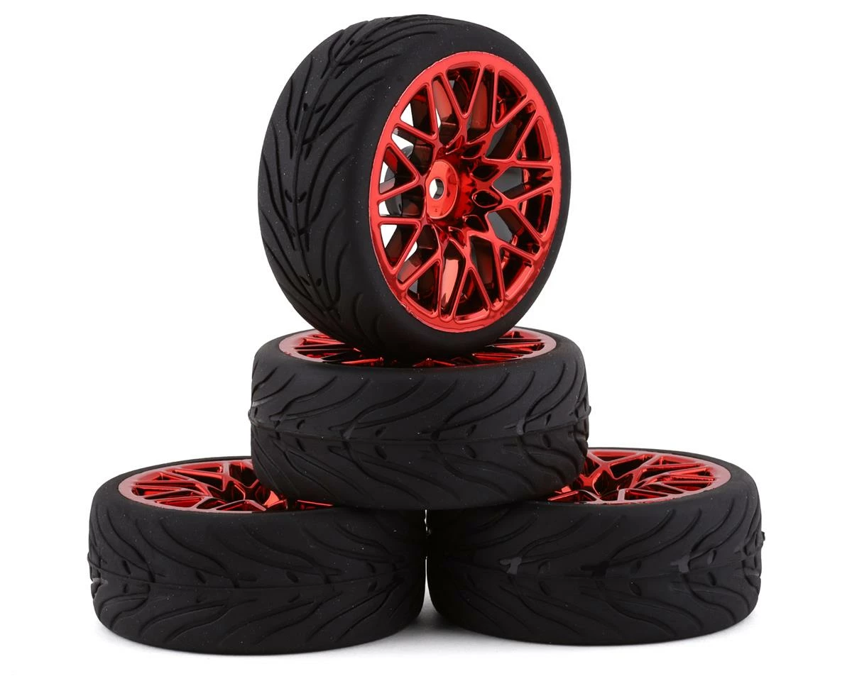 YEAH RACING Spec T Pre-Mounted On-Road Touring Tires W/LS Wheels (Red) (4) W/12mm Hex & 3mm Offset